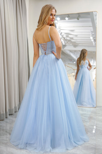 Light Blue A Line Tulle Long Corset Prom Dress