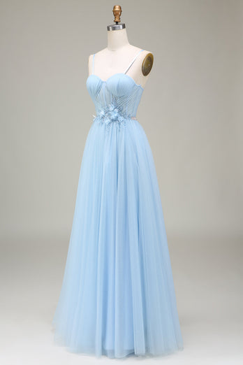 Sparkly Light Blue A-Line Tulle Prom Dress With Appliques