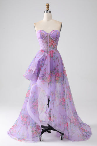 Purple Printed Strapless Corset Prom Dress