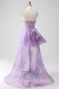 Purple Printed Strapless Corset Prom Dress