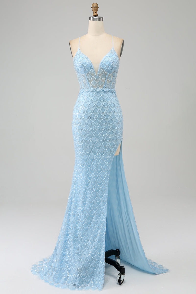 Load image into Gallery viewer, Glitter Sky Blue Spaghetti Straps Mermaid Prom Dress with Slit