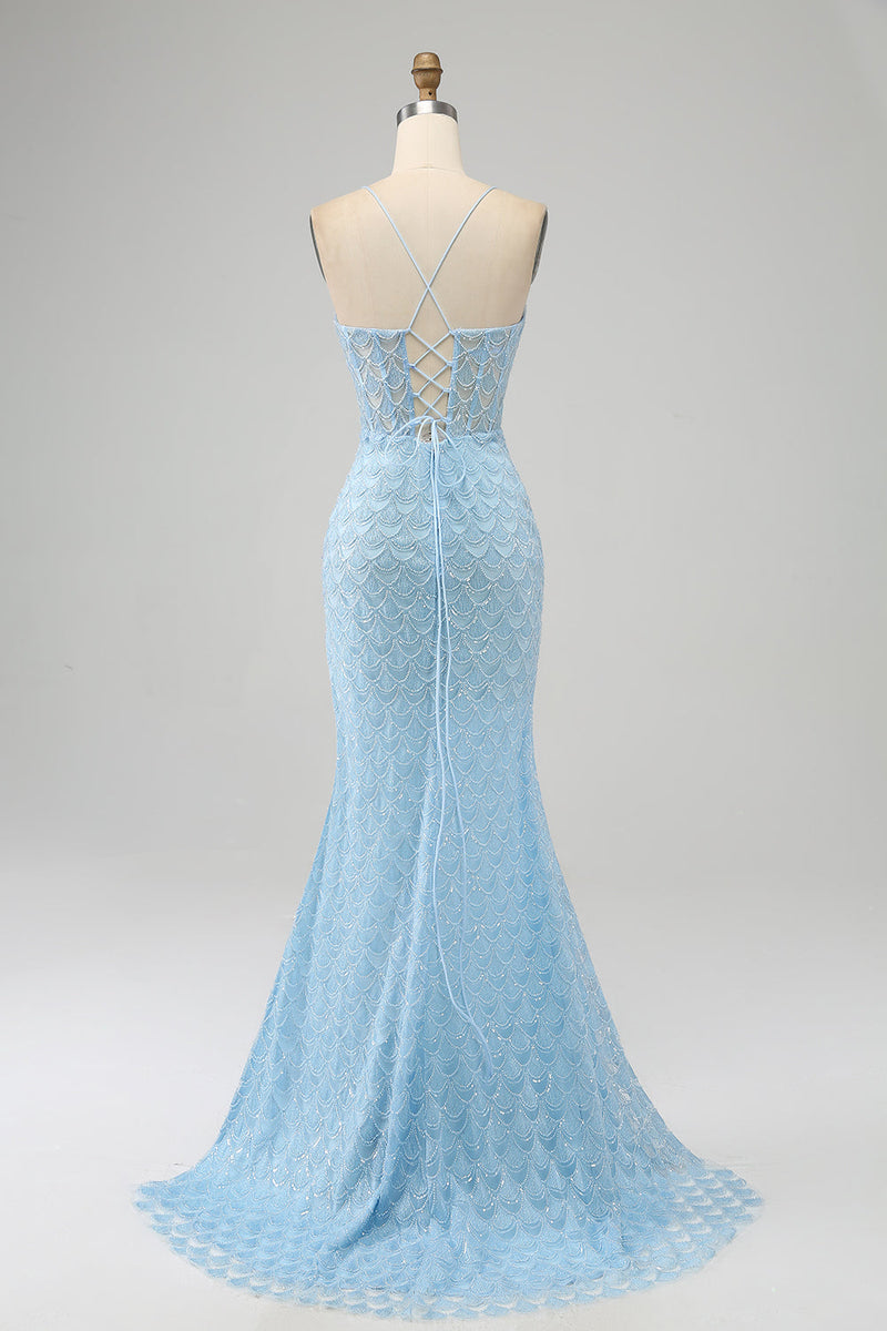 Load image into Gallery viewer, Glitter Sky Blue Spaghetti Straps Mermaid Prom Dress with Slit