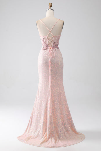 Glitter Pink Beaded Mermaid Prom Dress with Slit