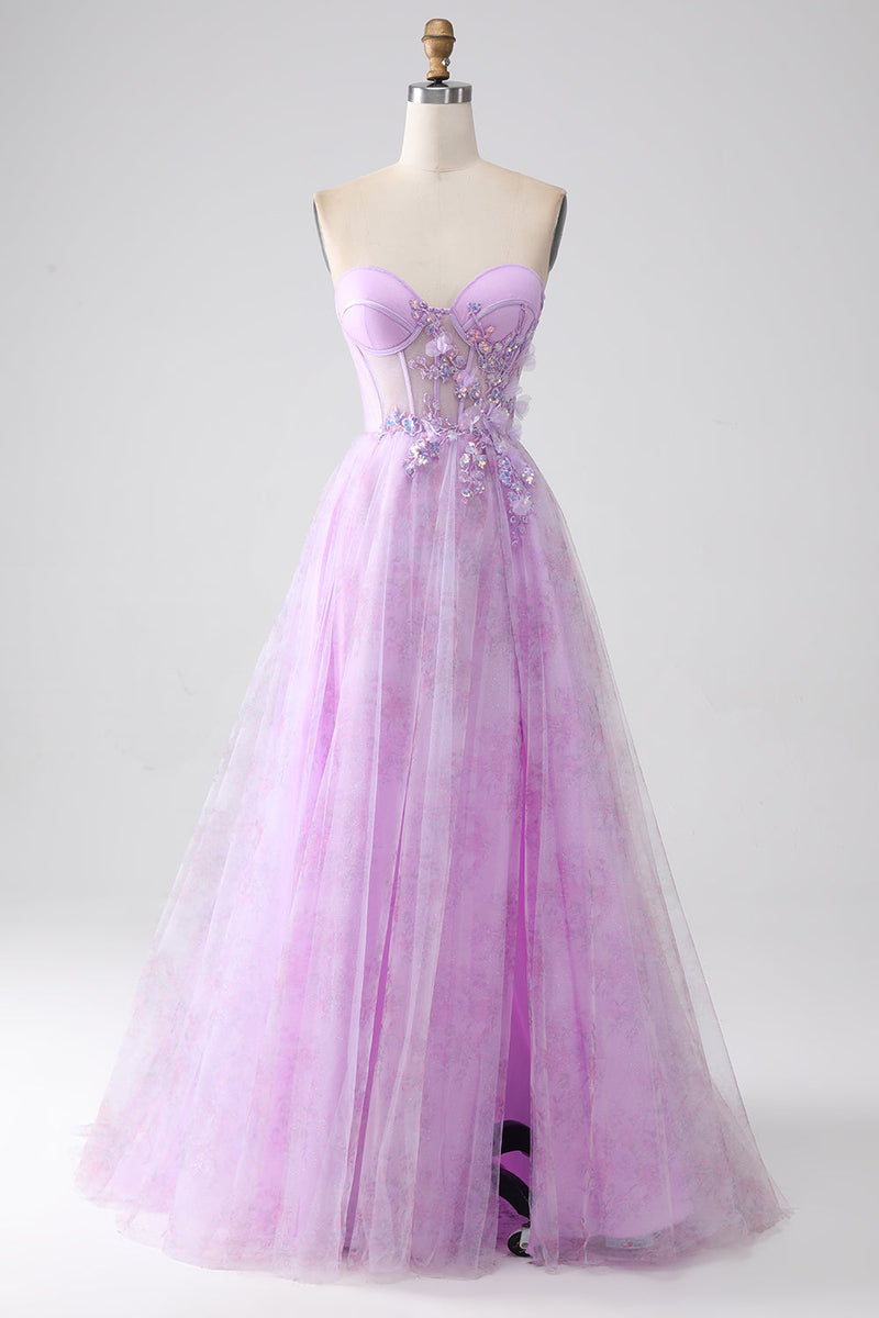 Load image into Gallery viewer, Lavender Printed Strapless Corset Prom Dress with Beading