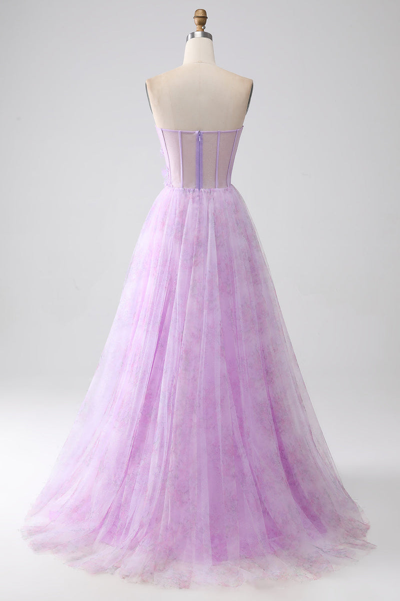 Load image into Gallery viewer, Lavender Printed Strapless Corset Prom Dress with Beading