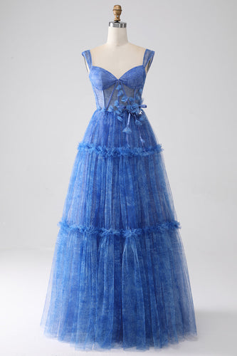 Blue Printed A Line Tulle Corset Prom Dress