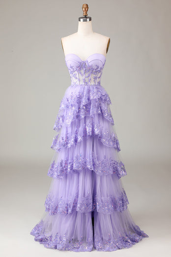 Lavender Strapless Tiered Tulle Corset Prom Dress with Appliques