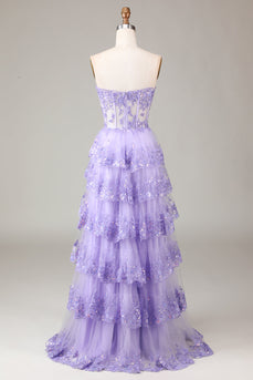 Lavender Strapless Tiered Tulle Corset Prom Dress with Appliques