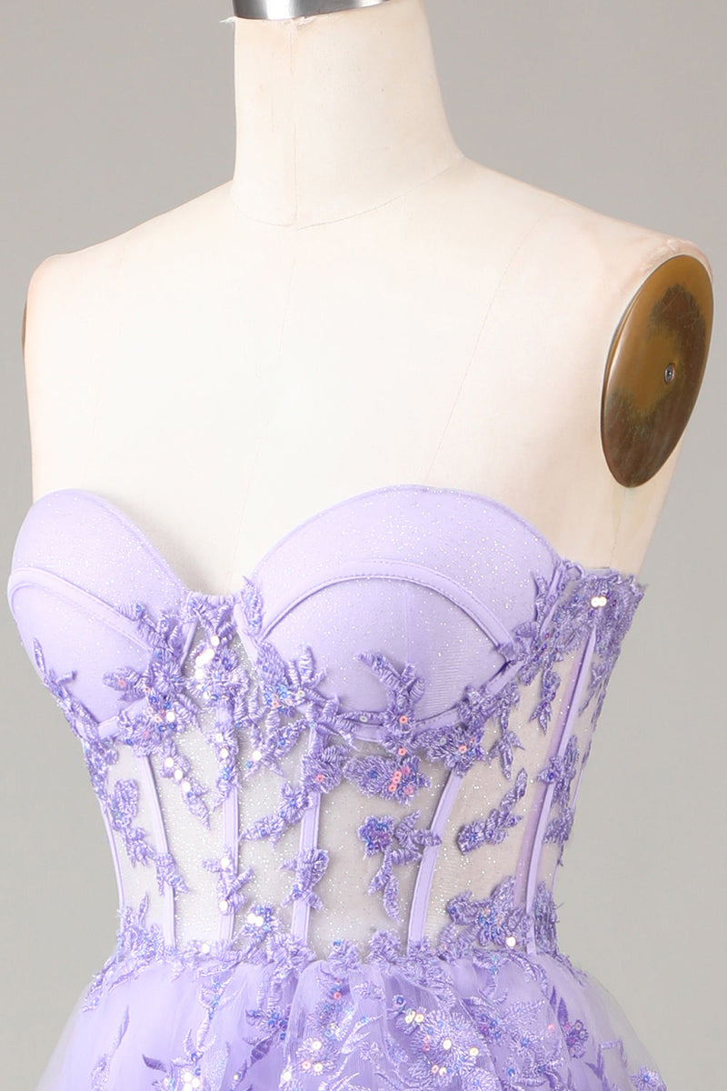 Load image into Gallery viewer, Lavender Strapless Tiered Tulle Corset Prom Dress with Appliques