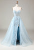 Load image into Gallery viewer, Corset Blue Strapless A Line Prom Dress with Slit