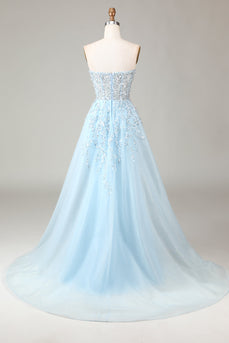 Corset Blue Strapless A Line Prom Dress with Slit