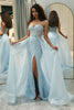 Load image into Gallery viewer, Sparkly Light Blue A Line Long Corset Prom Dress With Slit