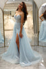 Load image into Gallery viewer, Sparkly Light Blue A Line Long Corset Prom Dress With Slit