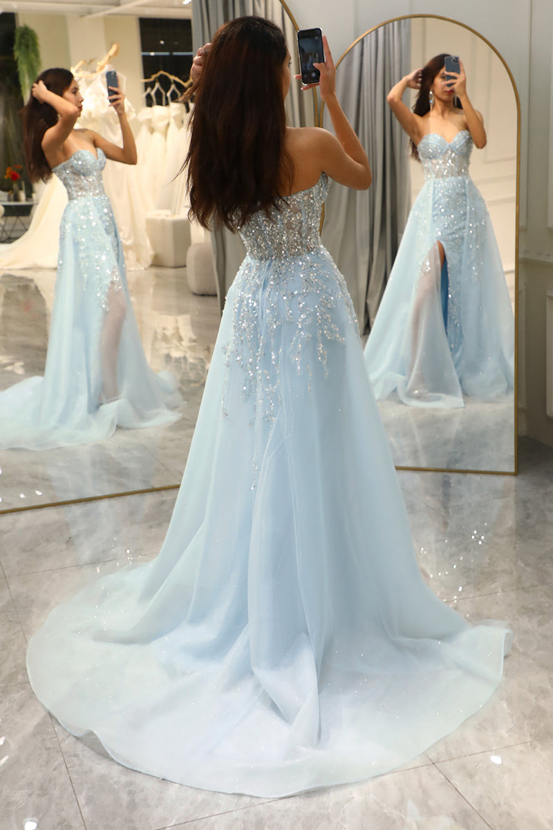 Load image into Gallery viewer, Glitter Light Blue Long Corset Prom Dress With Slit