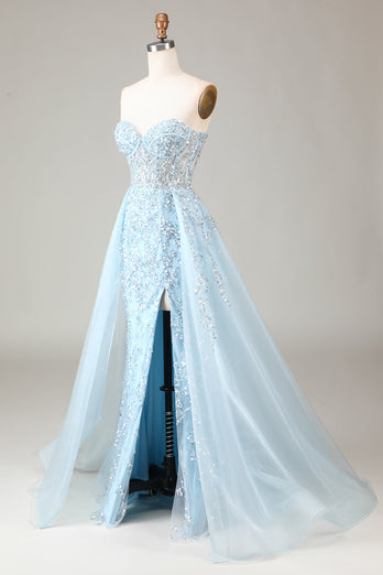 Corset Blue Strapless A Line Prom Dress with Slit