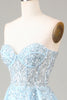 Load image into Gallery viewer, Corset Blue Strapless A Line Prom Dress with Slit