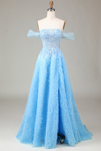 Off the Shoulder Blue A Line Princess Corset Prom Dress with Slit