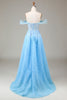 Load image into Gallery viewer, Off the Shoulder Blue A Line Princess Corset Prom Dress with Slit