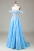 Load image into Gallery viewer, Off the Shoulder Blue A Line Princess Corset Prom Dress with Slit