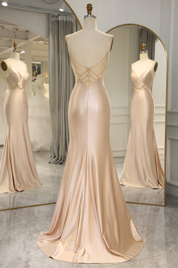 Mermaid Champagne Backless Long Prom Dress