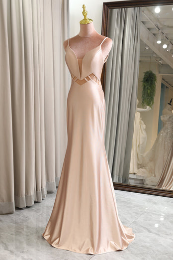 Champagne Mermaid Backless Long Prom Dress