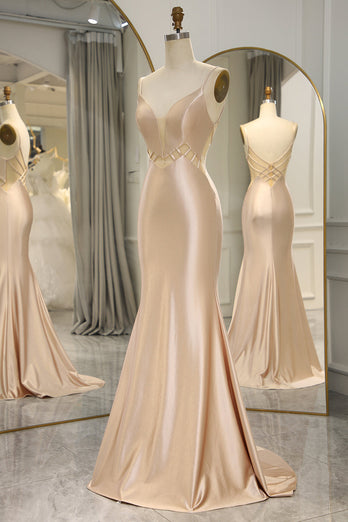 Mermaid Champagne Backless Long Prom Dress