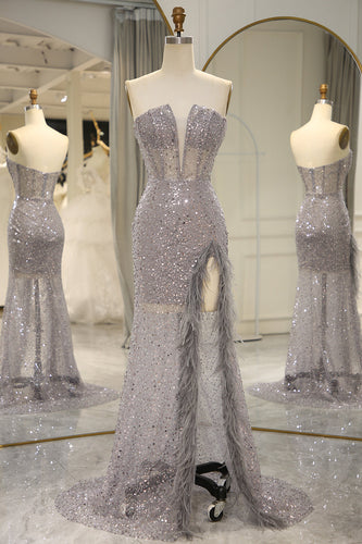 Sparkly Grey Mermaid Long Corset Prom Dress With Feathered Slit