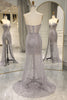 Load image into Gallery viewer, Sparkly Grey Mermaid Long Corset Prom Dress With Feathered Slit