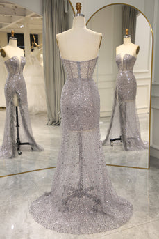 Sparkly Grey Mermaid Long Corset Prom Dress With Feathered Slit