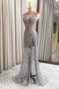 Load image into Gallery viewer, Glitter Grey Mermaid Long Corset Prom Dress With Feathered Slit