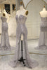 Load image into Gallery viewer, Sparkly Grey Mermaid Long Corset Prom Dress With Feathered Slit