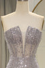 Load image into Gallery viewer, Sparkly Grey Mermaid Long Corset Prom Dress With Feathered Slit