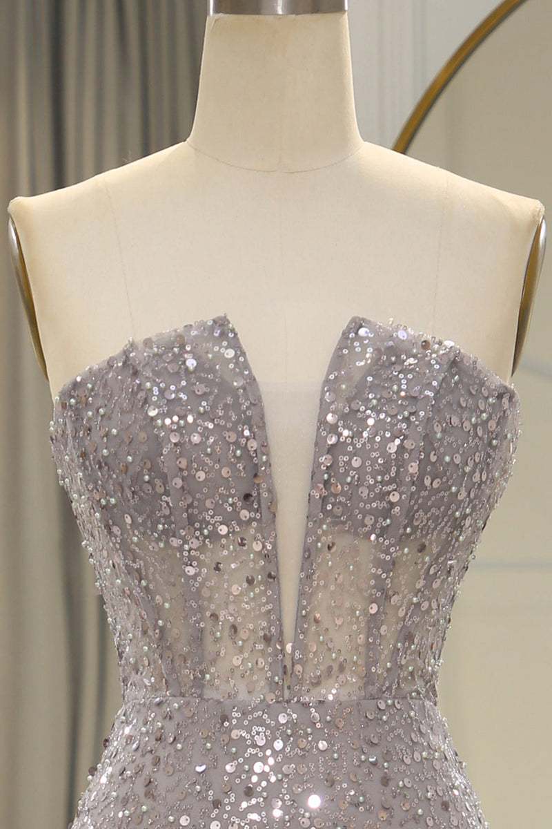 Load image into Gallery viewer, Sparkly Grey Mermaid Long Corset Prom Dress With Feathered Slit