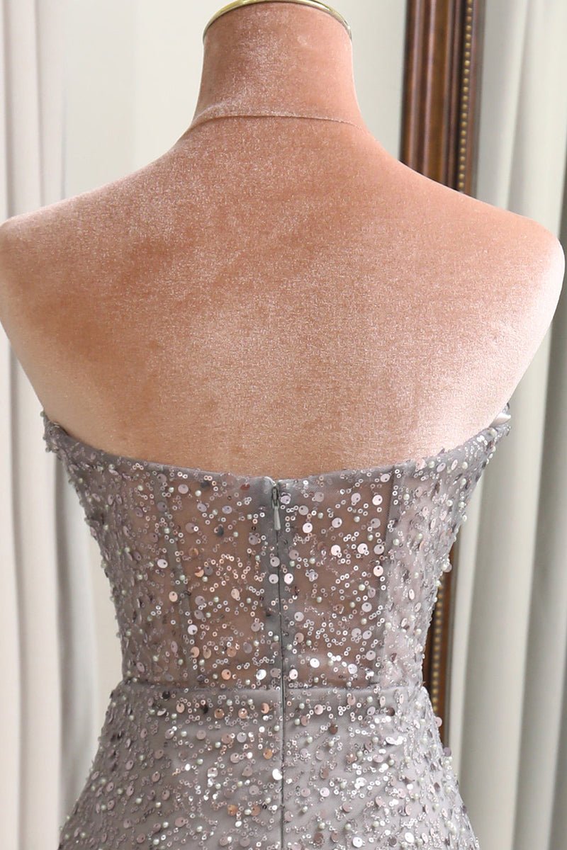 Load image into Gallery viewer, Glitter Grey Mermaid Long Corset Prom Dress With Feathered Slit