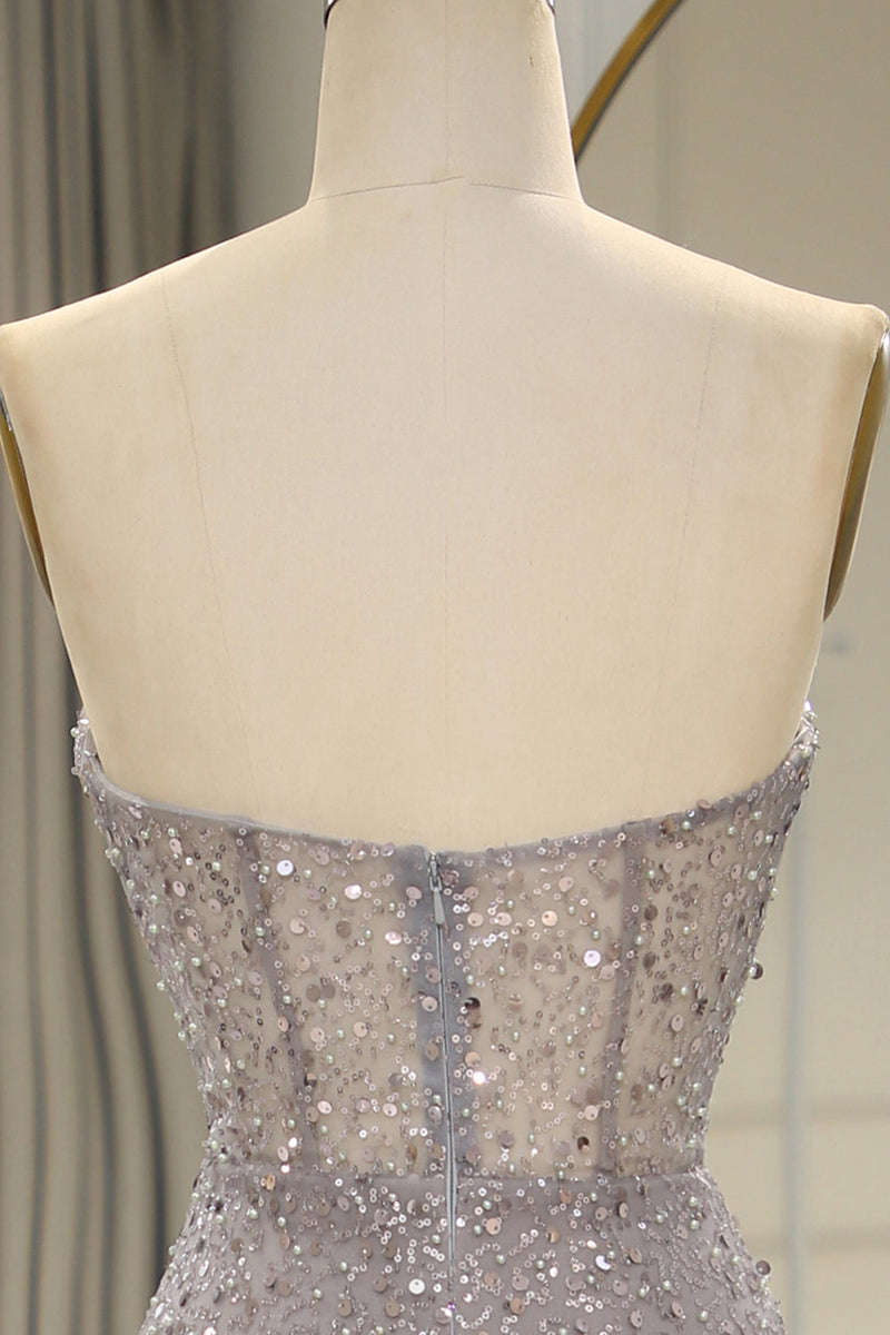 Load image into Gallery viewer, Sparkly Grey Mermaid Long Corset Prom Dress With Feathered Slit