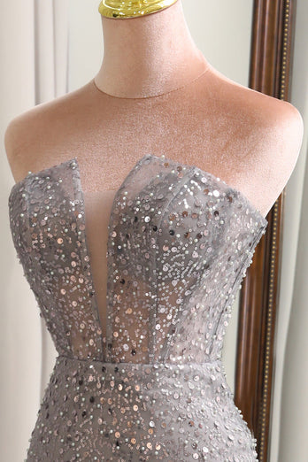 Glitter Grey Mermaid Long Corset Prom Dress With Feathered Slit