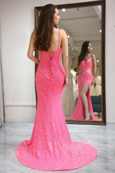 Sparkly Pink Mermaid Long Prom Dress With Slit