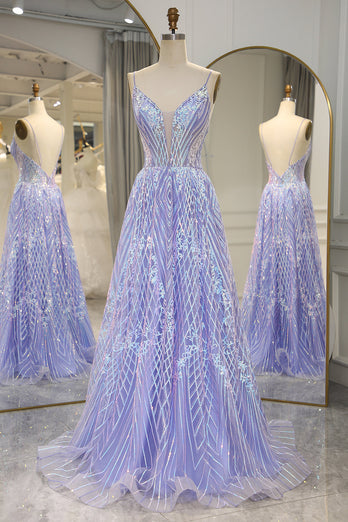 A Line Lilac Backless Long Prom Dress With Appliques