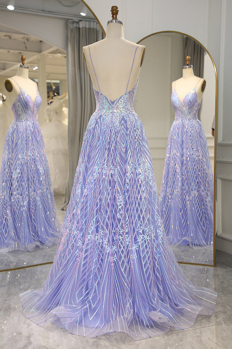 Load image into Gallery viewer, A Line Lilac Backless Long Prom Dress With Appliques