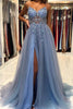 Load image into Gallery viewer, A-Line Spaghetti Straps Grey Blue Long Prom Dress with Appliques