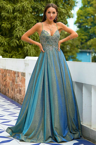 Queendancer Women Light Blue Long Prom Dress Glitter Corset Formal