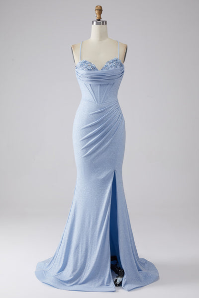 Light Blue Sparkly Mermaid Prom Dress with Slit