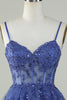 Load image into Gallery viewer, Spaghetti Straps Dark Blue Sparkly Corset Party Dress