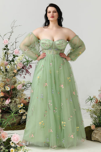 A Line Off the Shoulder Green Plus Size Prom Dress with Embroidery