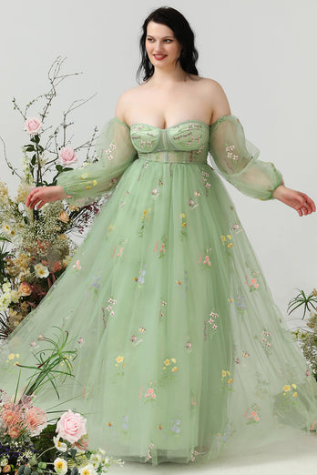 A Line Off the Shoulder Green Plus Size Prom Dress with Embroidery