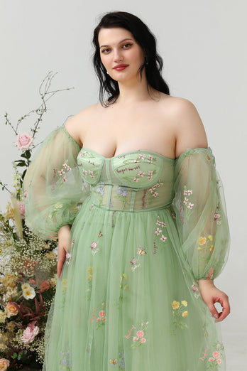 A Line Off the Shoulder Green Plus Size Prom Dress with Embroidery