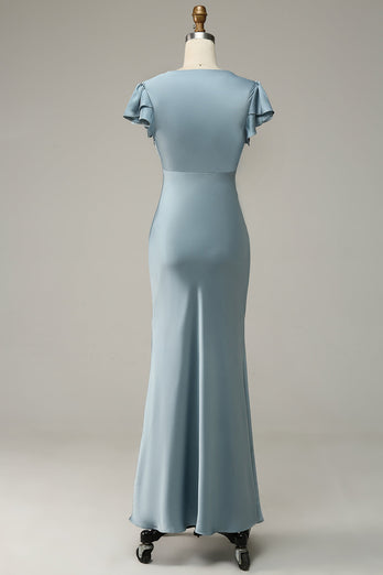 Grey Blue Satin Simple Bridesmaid Dress with Ruffles