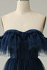 Load image into Gallery viewer, A-Line Off the Shoulder Sweetheart Tulle Navy Long Prom Dress