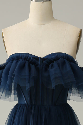 A-Line Off the Shoulder Sweetheart Tulle Navy Long Prom Dress