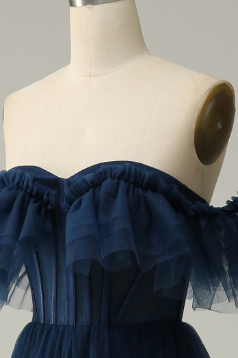 A-Line Off the Shoulder Sweetheart Tulle Navy Long Prom Dress